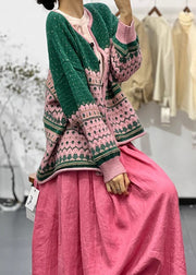 Bohemian Green O Neck Embroidered Button Knit Cardigans Fall