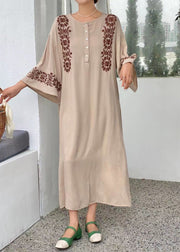 Bohemian Green O-Neck Embroideried Cotton Dress Flare Sleeve