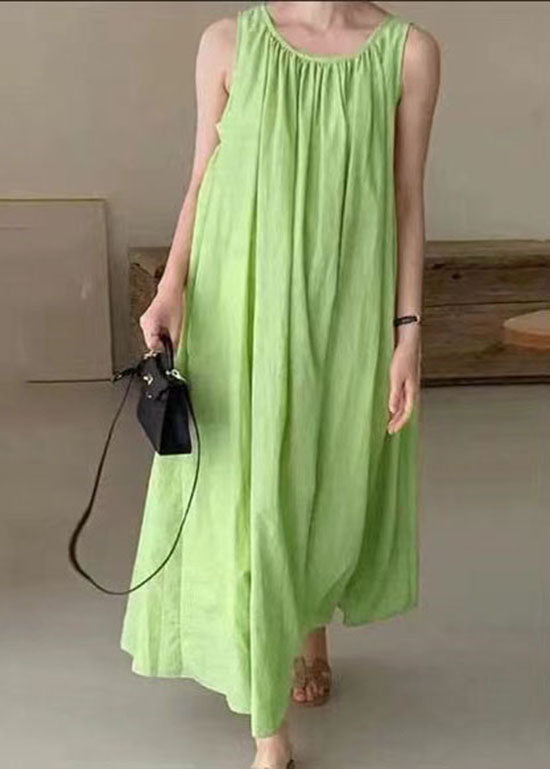 Bohemian Green O Neck Patchwork Wrinkled Cotton Dress Sleeveless