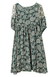 Bohemian Green O-Neck Print Chiffon Mid Dress Summer