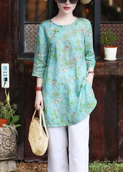 Bohemian Green O Neck Print Linen Shirt Top Bracelet Sleeve