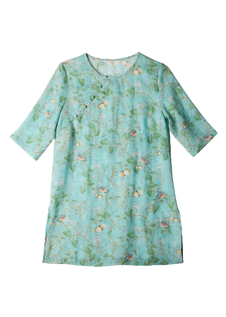 Bohemian Green O Neck Print Linen Shirt Top Bracelet Sleeve