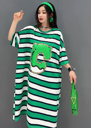 Bohemian Green O-Neck Striped Print Cotton Loose Dresses Short Sleeve