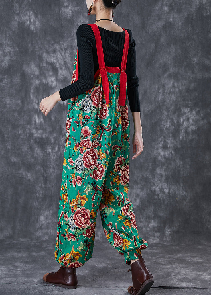 Bohemian Green Oversized Print Cotton Overalls Jumpsuit Fall