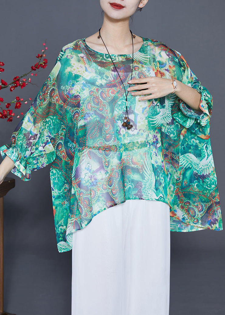 Bohemian Green Oversized Print Silk Tops Batwing Sleeve