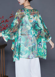 Bohemian Green Oversized Print Silk Tops Batwing Sleeve