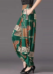 Bohemian Green Pockets Wrinkled Print Cotton Pants Fall