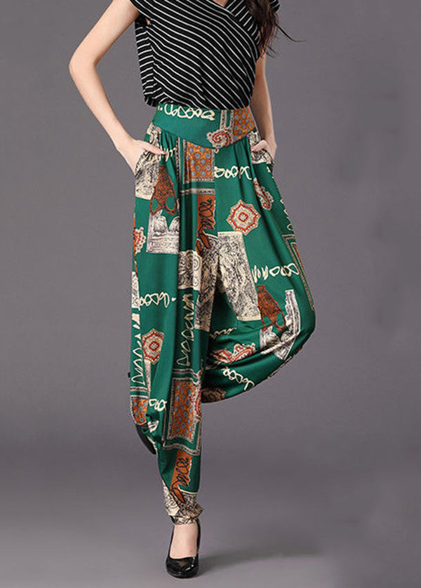 Bohemian Green Pockets Wrinkled Print Cotton Pants Fall