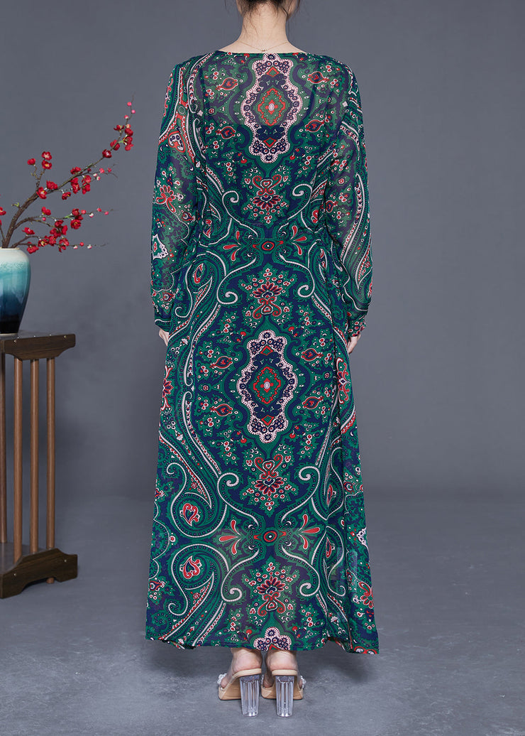 Bohemian Green Print Tie Waist Chiffon Long Cardigan Summer