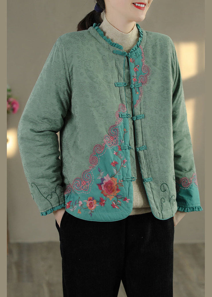 Bohemian Green Ruffled Embroideried Fine Cotton Filled Coats Spring