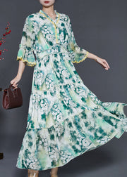 Bohemian Green Ruffled Floral Chiffon Holiday Dress Summer