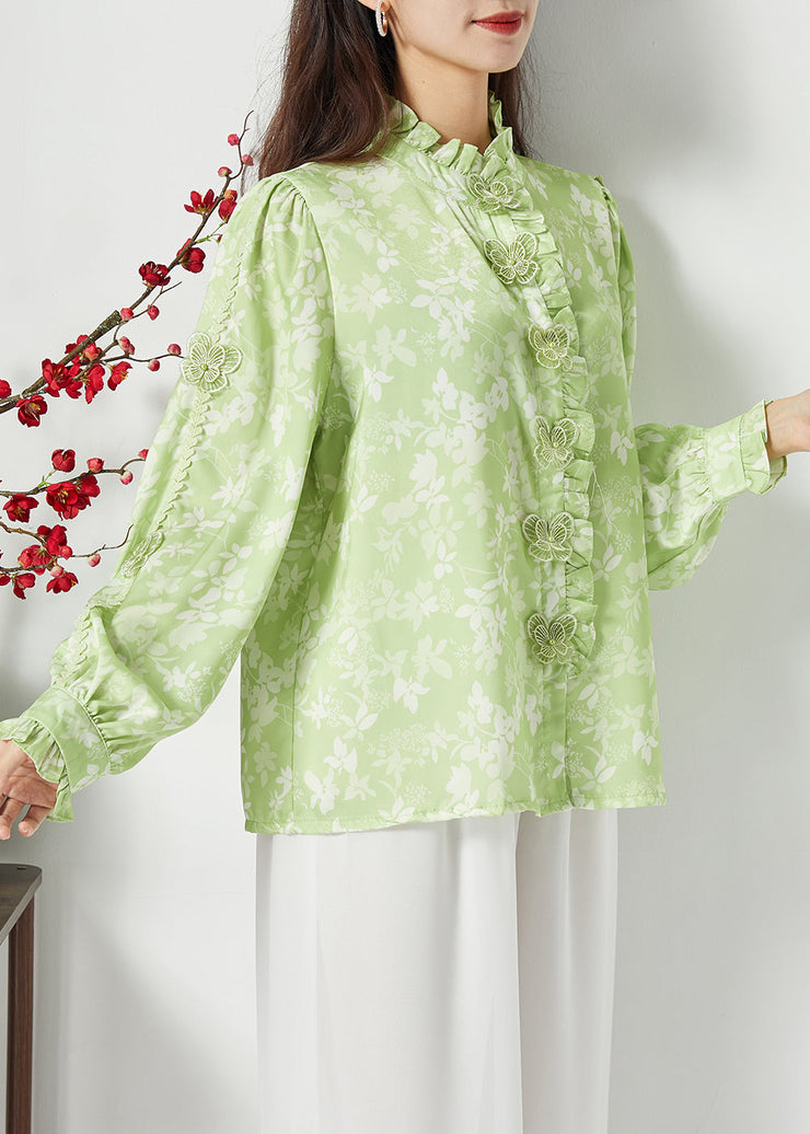 Bohemian Green Ruffled Print Butterfly Silk Tops Spring