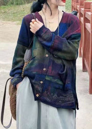 Bohemian Green V Neck Print Pockets Knit Cardigans Long Sleeve