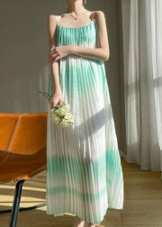 Bohemian Green Wrinkled Cotton Spaghetti Strap Dress Sleeveless