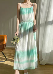 Bohemian Green Wrinkled Cotton Spaghetti Strap Dress Sleeveless