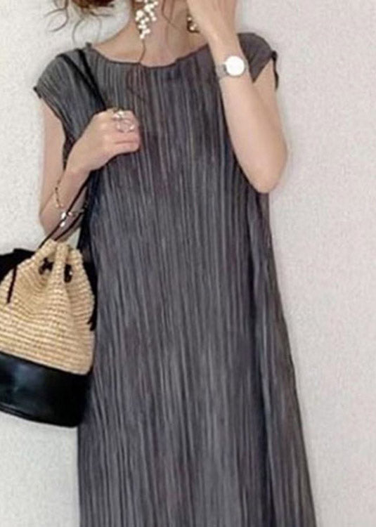 Bohemian Grey O-Neck Long Pleated Dress Summer