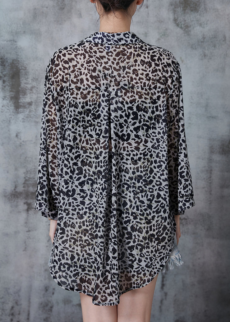 Bohemian Grey Oversized Leopard Print Chiffon Shirt Top Fall