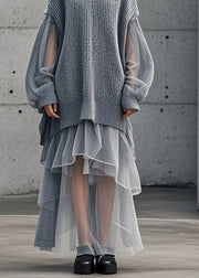 Bohemian Grey Oversized Patchwork Tulle Sweater Dress Fall