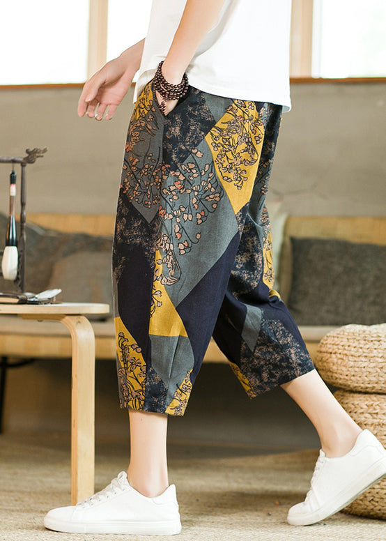 Bohemian Grey Pockets Print Patchwork Cotton Mens Crop Pants Summer