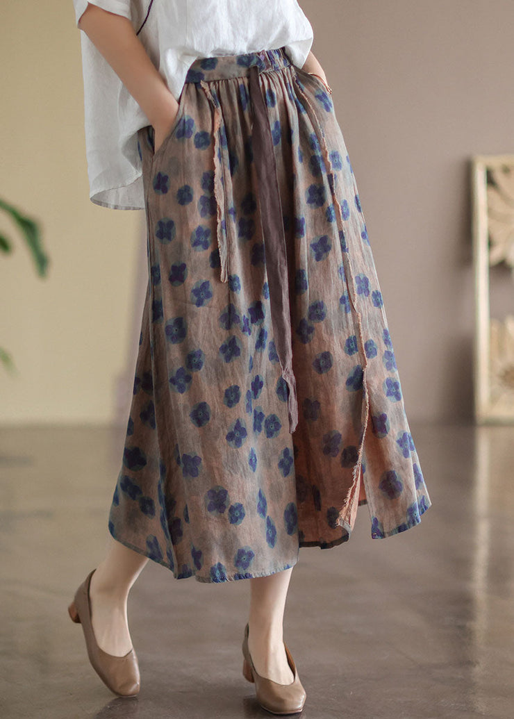 Bohemian Black flower Elastic Waist Print Linen Skirts Summer