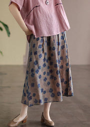 Bohemian Khaki Elastic Waist Print Linen Skirts Summer