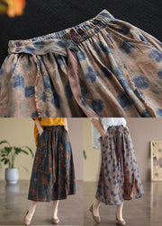 Bohemian Khaki Elastic Waist Print Linen Skirts Summer