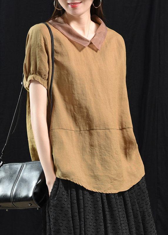 Bohemian Khaki Patchwork Turn-down Collar Summer Short Sleeve Top - SooLinen