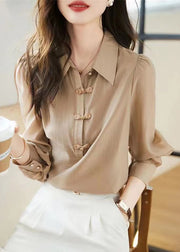 Bohemian Khaki Peter Pan Collar Chinese Button Cotton Tops Fall