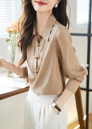 Bohemian Khaki Peter Pan Collar Chinese Button Cotton Tops Fall