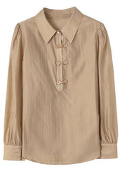 Bohemian Khaki Peter Pan Collar Chinese Button Cotton Tops Fall