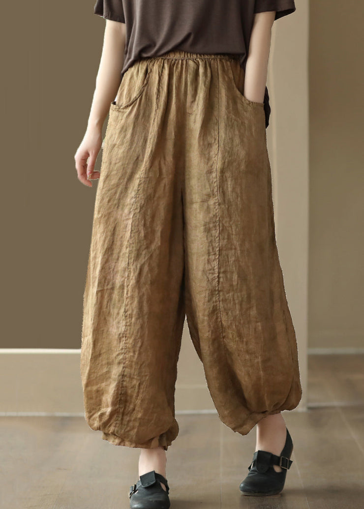 Bohemian Khaki Pockets Elastic Waist Linen Crop Pants Summer