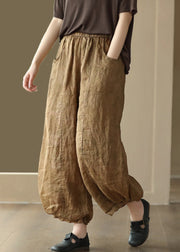 Bohemian Khaki Pockets Elastic Waist Linen Crop Pants Summer