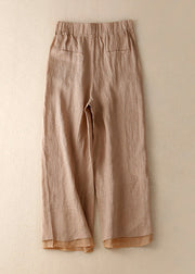 Bohemian Khaki Pockets Elastic Waist Solid Linen Crop Pants Summer