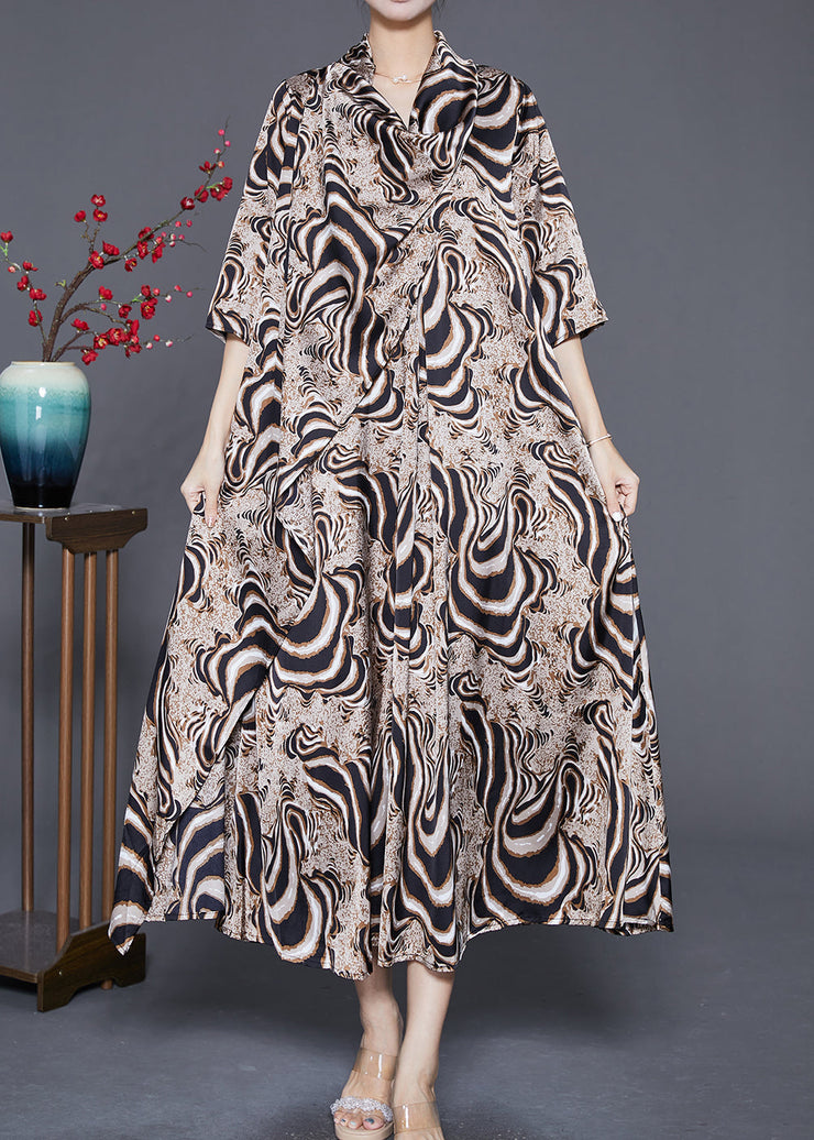 Bohemian Khaki Turtle Neck Print Chiffon Long Dress Summer