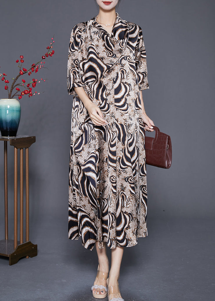 Bohemian Khaki Turtle Neck Print Chiffon Long Dress Summer