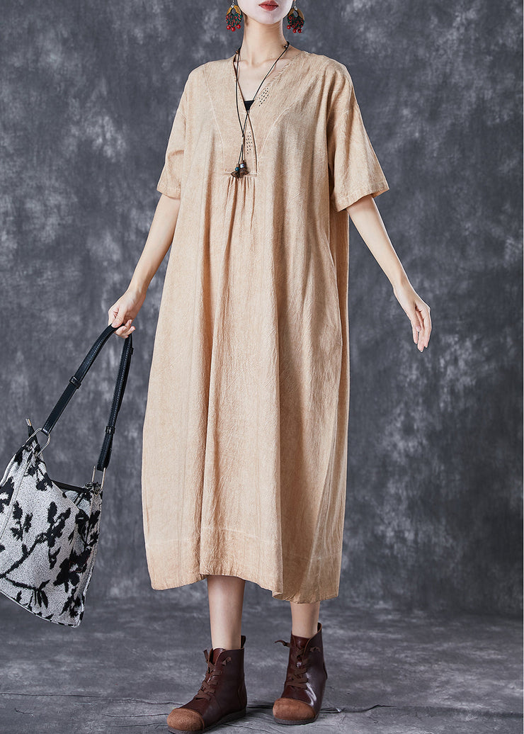 Bohemian Khaki V Neck Pockets Linen Long Dress Summer