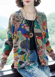 Bohemian Khaki V Neck Print Button Knit Cardigan Spring