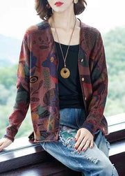 Bohemian Khaki V Neck Print Button Knit Cardigan Spring