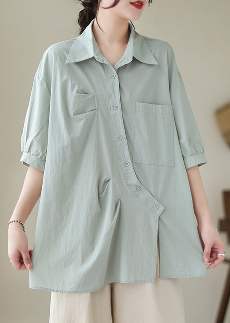 Bohemian Light Blue Asymmetrical Wrinkled Cotton Blouses Half Sleeve