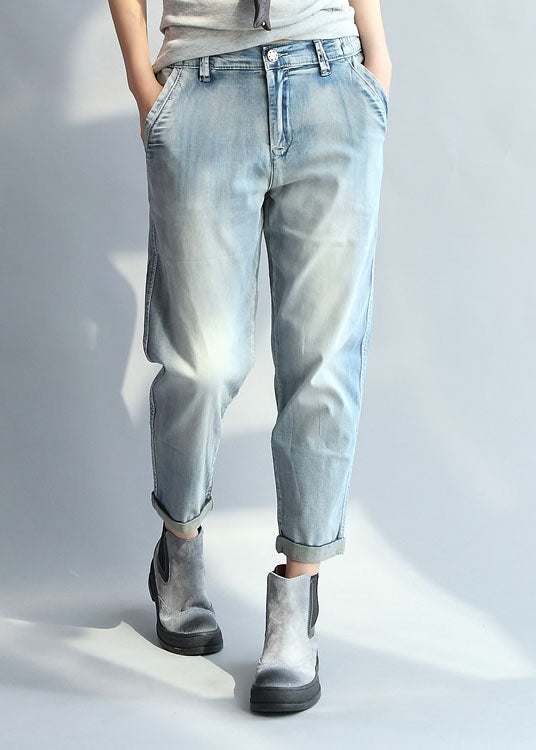 Bohemian Light Blue High Waist Cotton Denim Pants Fall