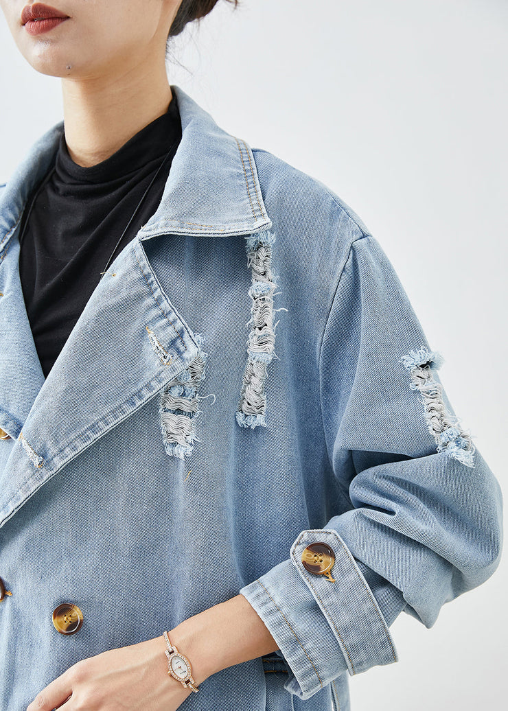 Bohemian Light Blue Lapel Double Breast Denim Ripped Coats Fall