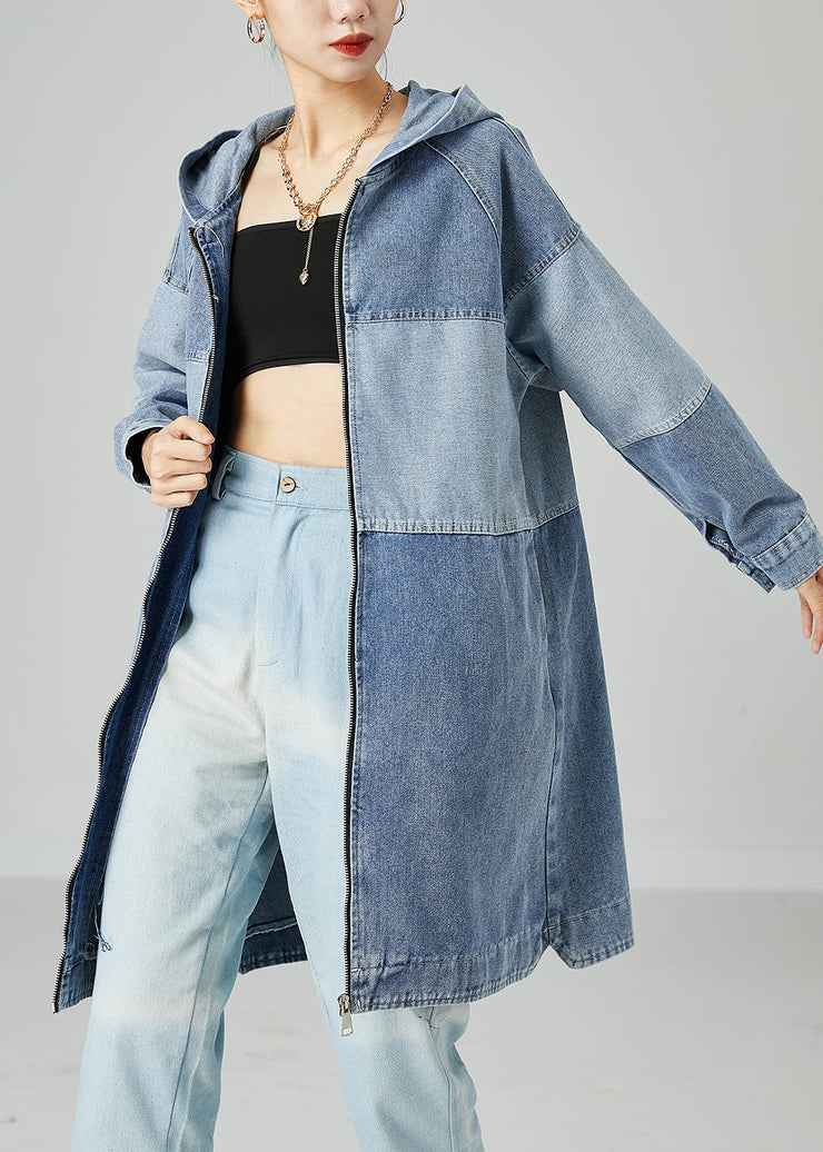 Bohemian Light Blue Oversized Patchwork Cotton Denim Coat Spring