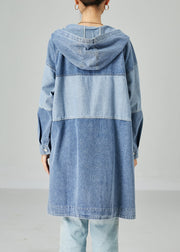 Bohemian Light Blue Oversized Patchwork Cotton Denim Coat Spring