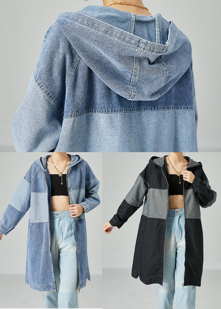 Bohemian Light Blue Oversized Patchwork Cotton Denim Coat Spring