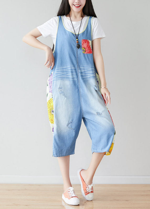 Bohemian Light Blue Oversized Patchwork Print Cotton Denim Jumpsuits Summer