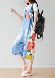 Bohemian Light Blue Oversized Patchwork Print Cotton Denim Jumpsuits Summer