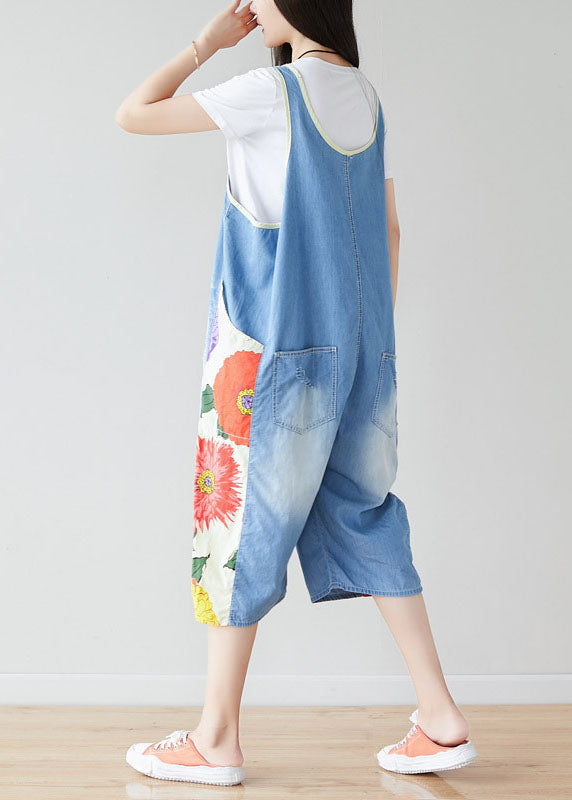 Bohemian Light Blue Oversized Patchwork Print Cotton Denim Jumpsuits Summer