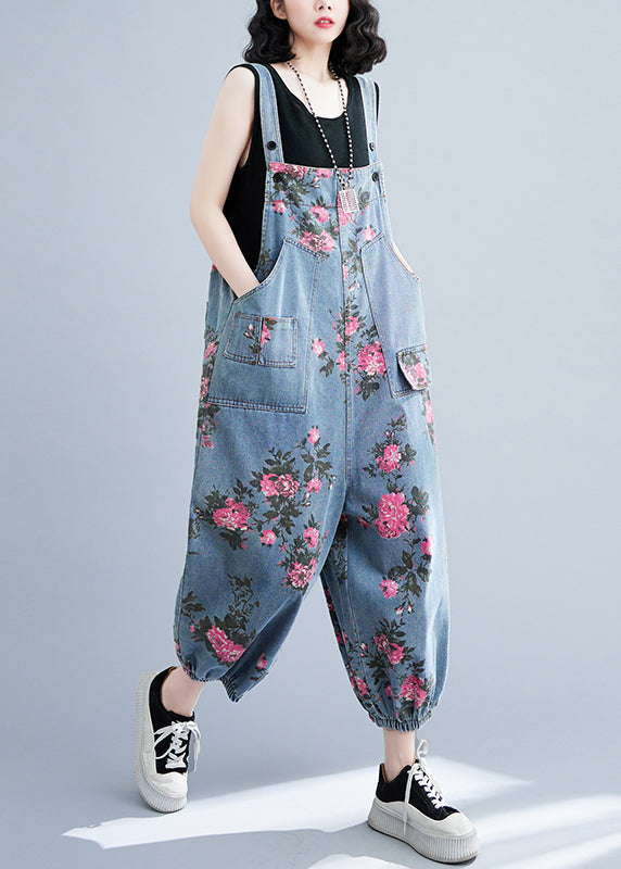 Bohemian Light Blue Oversized Print Pockets Denim Jumpsuits Summer