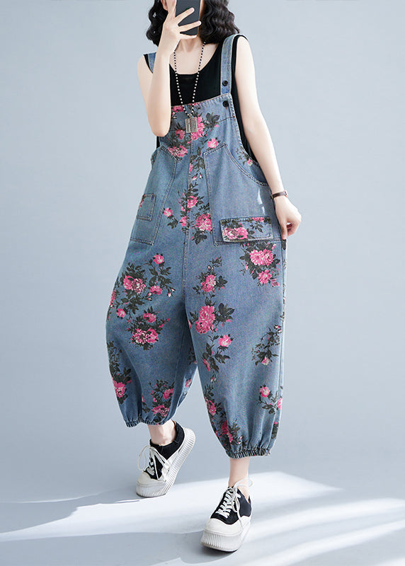 Bohemian Light Blue Oversized Print Pockets Denim Jumpsuits Summer