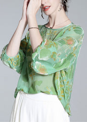 Bohemian Light Green O-Neck Print Velour Tops Long Sleeve